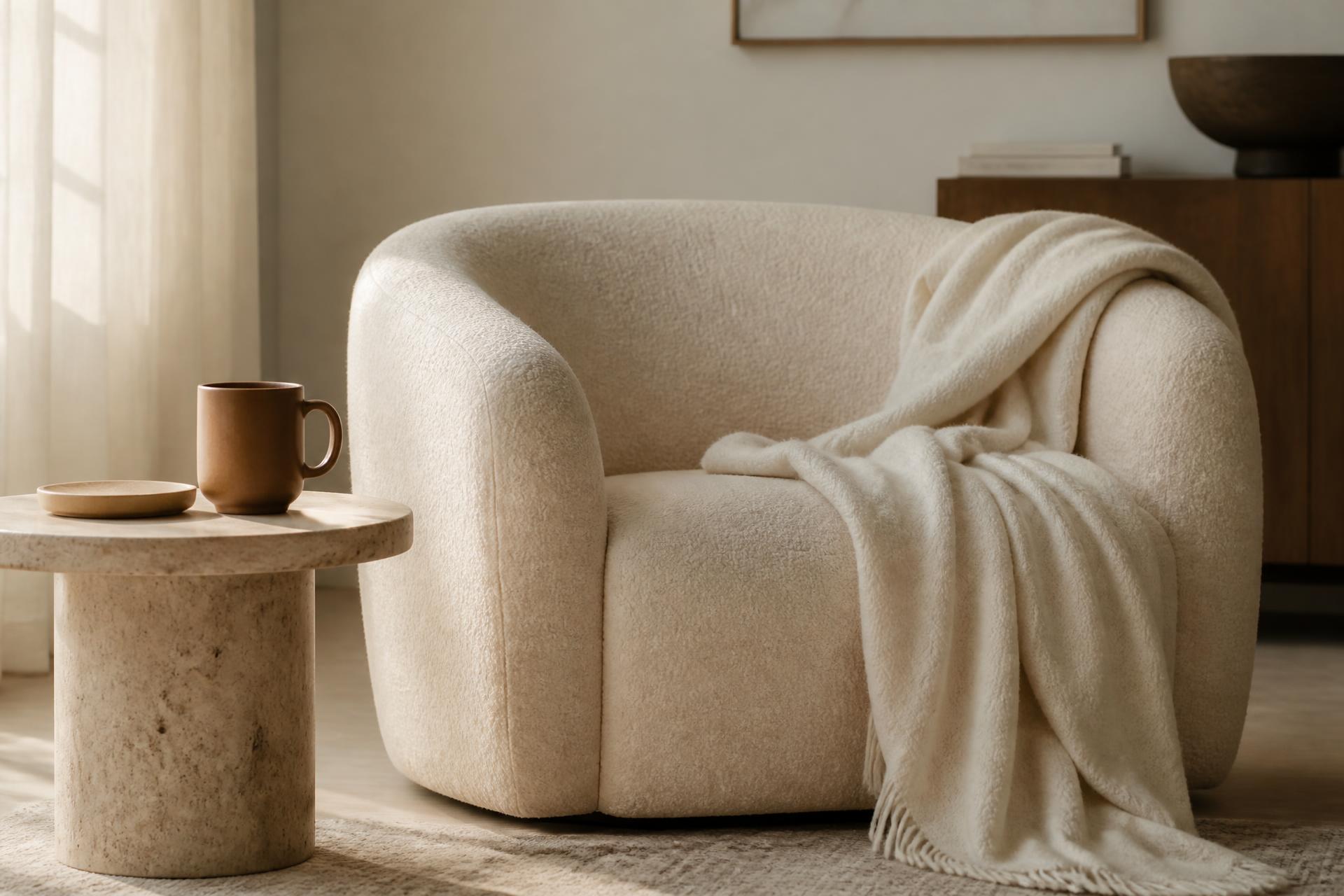 A boucle armchair with a soft throw in morning light